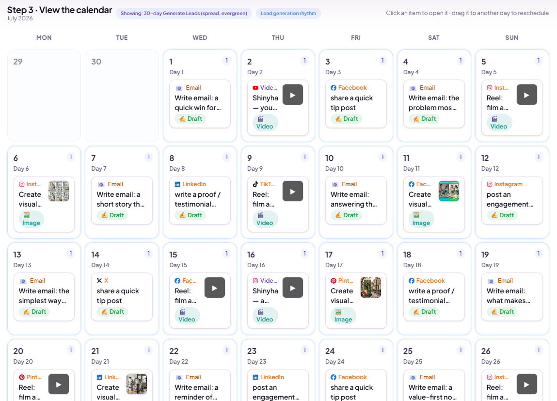 Hero visual β Blitz dashboard showing a hair salon's 30-day content calendar with posts queued across Facebook and Instagram. Clean, professional, satisfying.